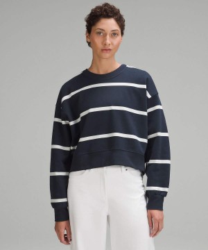 Lululemon Perfectly Oversized Cropped Crew Stripe Tröjor Dam Marinblå Vita Sverige | JDXTPA289
