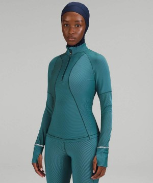 Lululemon Two-Tone Räfflad Löpar Half Zip Långärmad Tröja Dam Gröna Blå Sverige | JDTSUE049