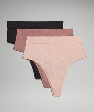 Lululemon UnderEase Räfflad High-Midja String 3 Pack Underkläder Dam Svarta Rosa Sverige | MXNSDC613