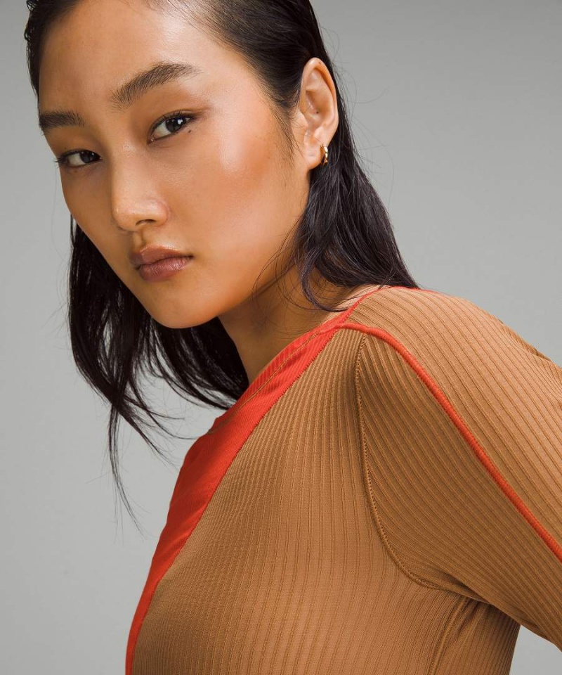 Lululemon Asymmetrical Räfflad Bomull Long-Sleeve Långärmad Tröja Dam Beige Orange Sverige | KFBGXP423