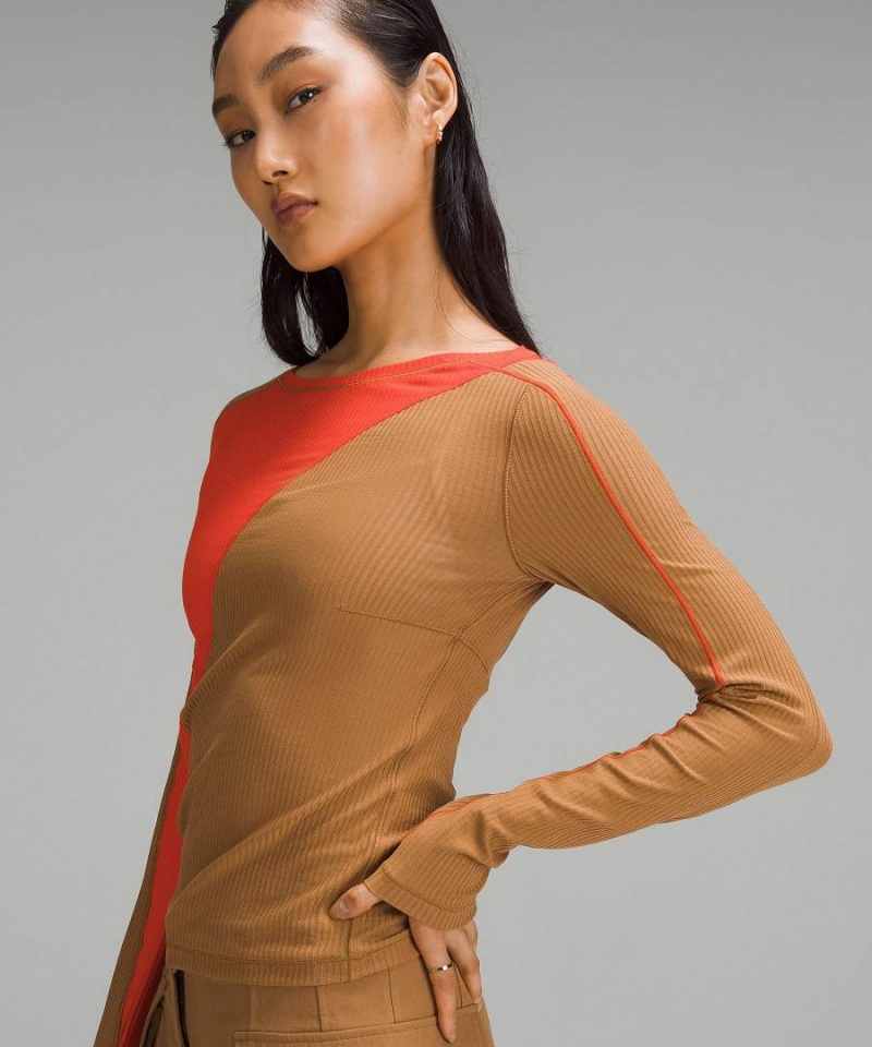 Lululemon Asymmetrical Räfflad Bomull Long-Sleeve Långärmad Tröja Dam Beige Orange Sverige | KFBGXP423