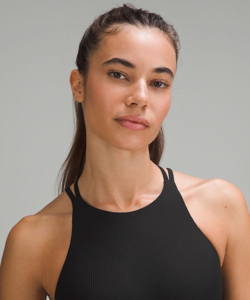 Lululemon Like a Cloud High-Neck Longline Räfflad Bra Light Support, B/C Cup Sport BH Dam Svarta Sverige | JCAEFX709