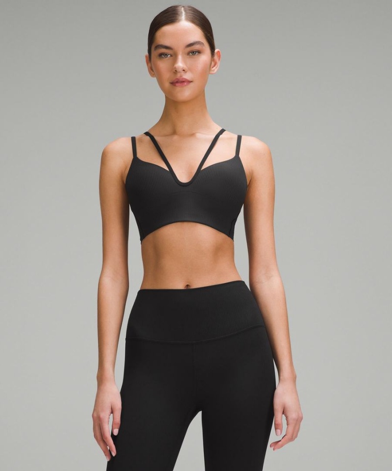 Lululemon Like a Cloud Snörade Longline Räfflad Bra Light Support, B/C Cup Sport BH Dam Svarta Sverige | ROSAKJ126