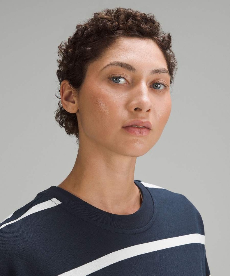 Lululemon Perfectly Oversized Cropped Crew Stripe Tröjor Dam Marinblå Vita Sverige | JDXTPA289