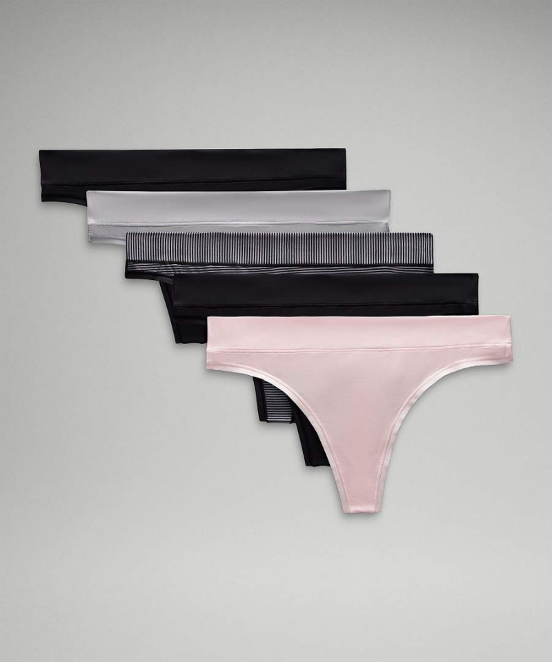 Lululemon UnderEase Mid-Rise String 5 Pack Underkläder Dam Ljusröda Silver Grå Svarta Svarta Svarta Sverige | VRBKNX802